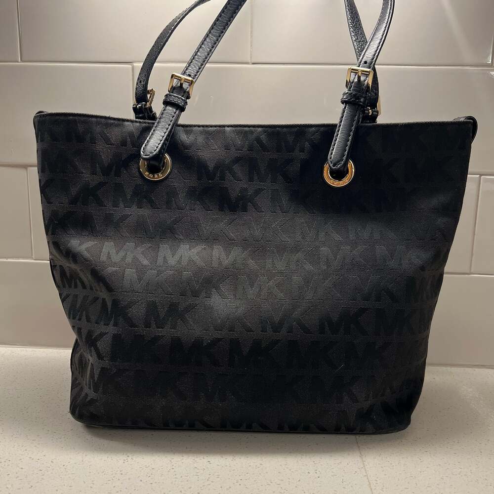 Michael Kors Jet Set Black Signature Monogram Jacquard Grab Bag Tote